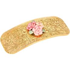 1928 Gold Tone Large Pink Porcelain Flower Barrette