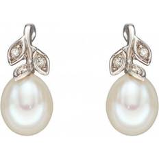 Elements 9Ct Diamond & Freshwater Pearl Leaf Design Dangle Stud Earrings