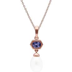 Tanzanite smycken Gemondo Modern Pearl & Tanzanite Hexagon Drop Pendant in Rose Plated