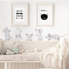 Gris Decoraciones de pared Furniturebox Väggklistermärke Musfamilj 5st Grå