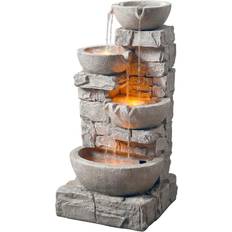 Gray Fountains & Garden Ponds Teamson Home Outdoor Water Fountain with LED Lights, 4 Tiered Bowls, Floor