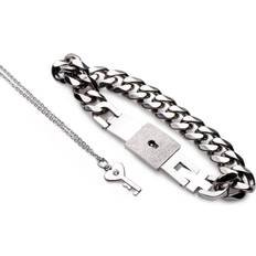 Roestvrij Staal Sieradensets XR Brands Chained Locking Bracelet and Key Necklace Couples Set - Silver/Transparent