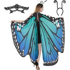 Butterfly Wing Cape Shawl with Lace Mask and Black Velvet Antenna Headband Adult Women Halloween Costume Accessory