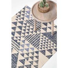 Homescapes Geometric Style 100% Cotton Printed Rug Blue, Black, White, Grey