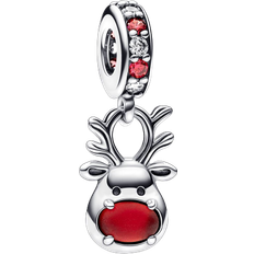 Pandora Nose Reindeer Murano Dangle Charm - Silver/Red/Transparent