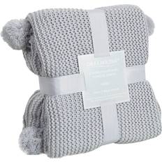 Dreamscene Chunky Knit Pom Pom Blankets Beige, Brown, Yellow, Grey, Silver, Pink (180x150cm)