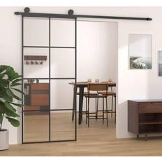 vidaXL Black 35.4 80.7 in ESG Glass and Aluminum Sliding Door Clear Glass (x)