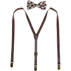 Brown Ties CTM Men's Plaid Bow Tie with Faux Leather Suspender Set