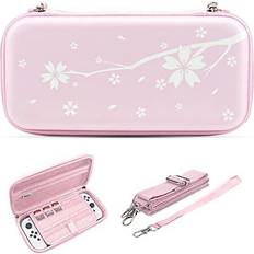 Mytrix Pink Cherry Blossoms Carrying Case for Switch Portable Hard Shell Pouch for Switch Travel Bag with 10 Game Card Slots &