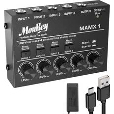 Mini mixer Moukey Mini Audio Mixer Line Mixer, DC 5V, 4-Stereo Ultra, Low-Noise 4-Channel for Sub-Mixing, Ideal for Small Clubs or Bars, As Guitars, Bass, Keyboards Mixer, 2021 New Version-MAMX1
