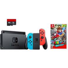 Game Consoles Nintendo Switch 3 items Bundle:Nintendo Switch 32GB Console Neon Red and Blue Joy-con 64GB Micro SD Memory Card and Super Mario Odyssey Game Disc