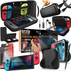 Orzly Switch tillbehörspaket – Inkluderar Carry Case skärmskydd härdat glas, USB-laddningskabel, switch spelfodral, bekvämt greppfodral