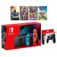 Game Consoles Nintendo 2022 New Nintendo Switch Red/Blue Joy-Con Console Set, Pro Controller, The Legend of Zelda: Breath of the Wild, Super Mario Odyssey, Mario Kart 8