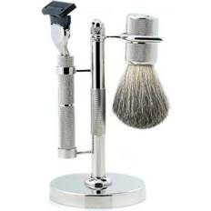 Beard Care Bey-Berk Men's 3-Piece Fusion Razor, Badger Hair Shaving Brush & Stand Set Silver Silver one-size