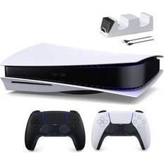 Game Consoles Sony PlayStation 5 Disc Edition with Two Controllers White and Midnight Black DualSense and Mytrix Dual Controller Charger