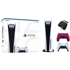 Game Consoles Sony PlayStation 5 Disc Edition with Two Controllers White and Cosmic Red DualSense and Mytrix Hard Shell Protective Controller Case