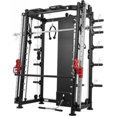 Machines de musculation Gorilla Sports Smith Machine Multifonction, avec Haltères Olympiques, Barre de Traction, Câble, Dips, Réglable, Accessoires Noir