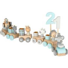 Bieco Train D'anniversaire En Bois Animaux Bleu Gris