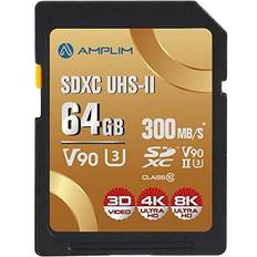 V90 sd card Amplim 64GB V90 UHS-II SD SDXC Card, 300MB/S 2000X Read/Write Lightning Speed Performance, Extreme Read, U3 Secure Digital Memory Storage for Professional Photographer and Videographer