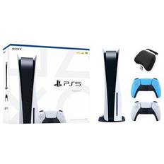 Game Consoles Sony PlayStation 5 Disc Edition with Two Controllers White and Starlight Blue DualSense and Mytrix Hard Shell Protective Controller Case