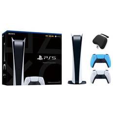 Game Consoles Sony PlayStation 5 Digital Edition with Two Controllers White and Starlight Blue DualSense and Mytrix Hard Shell Protective Controller Case