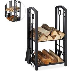 Caminetti Relaxdays Portalegna con 4 Accessori, 2 Ripiani, Acciaio, da Camino, Paletta, Scopino, Pinza & Attizzatoio, Nero
