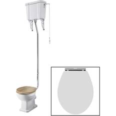 Milano Richmond White Ceramic Traditional Close Coupled Bathroom Toilet Pan WC and High Level Cistern with White Wooden Seat