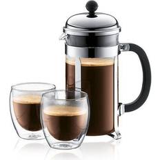 Cafetières Bodum Chambord Set Cafetiere A Piston 8 Tasses 1l Gris Avec 2 Verres Double Paroi Pavina 0,35l