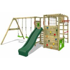 Fatmoose Wooden climbing frame ActionArena with swing set and green slide, Garden playhouse with climbing wall & play-accessories