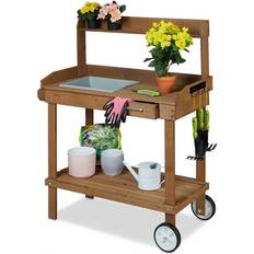 Relaxdays Tavolo Da Lavoro Per Giardinaggio Ruote Vasca 120x97x49 cm Marrone