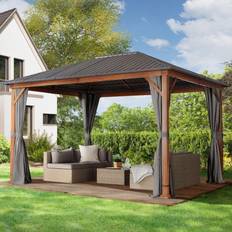 Toolport Gazebo da Giardino 3x4 M Effetto Legno Tetto In Acciaio 4 Pannelli Laterali In Grigio