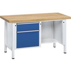 Lockable drawers Work Benches ANKE Workbench, frame construction, 1 drawer, door 360 mm, Â½ shelf, sheet steel covering, partial extension