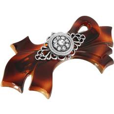 Brown Tortoise Silver Tone Filigree & Simulated Crystal Accent Bow