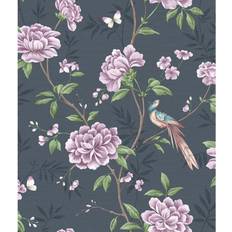 Akina Floral Navy Wallpaper Purple/Green