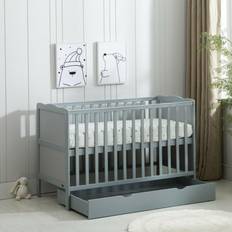  Grey Wooden Baby Cot Bed & Rollaway Drawer & Aloe Vera Water Repellent Mattress