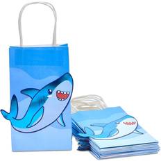 Birthdays Gift Bags 15 Pack Small Shark Paper Gift Bags with Handles for Kids Ocean Theme Birthday Party Favors Goodies Blue 5.3 x 9 in