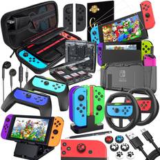 Gaming Bags & Cases Switch Accessories Bundle for Nintendo Switch Kit with Carrying Case Screen Protector Compact Playstand Switch Game Case Joystick Cap Charging Dock Steering Wheel