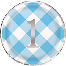 Unique Blue Gingham 1st Birthday Round 9" Dinner Plates Pack of 8