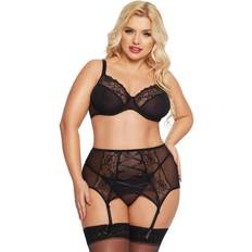 schwarzes Dessous-Set aus Netz-Stoff und Spitze mit gekreuzten Bändchen