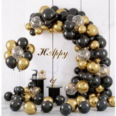 Latex Balloons RUBFAC Black and Gold Balloons Garland Arch Kit with Black Gold Confetti Balloons for Graduation Birthday Party Decorations