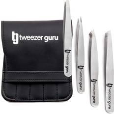 Cosmetic Tools Tweezers Set 4-piece Tweezer Guru Stainless Steel Slant Tip and Pointed Eyebrow Tweezer Set Great Precision for Facial Hair Ingrown Hair Splinter Blackhead and Tick Remover (Silver)