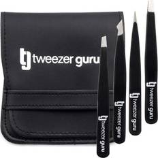 Cosmetic Tools Tweezers Set 4-piece Tweezer Guru Stainless Steel Slant Tip and Pointed Eyebrow Tweezer Set Great Precision for Facial Hair Ingrown Hair Splinter Blackhead and Tick Remover (Black)