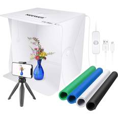 Studio Lighting Neewer 16x16 inches Photography Table Top Light Box with 2 LED Strips, 14W Foldable Photo Studio Shooting Tent with 4pcs Colors Backdrops/6500K/USB Powered/Mini Tripod & Phone Holder Included