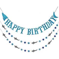 Under the sea party Shark Happy Birthday Banner and Shark Garlands, Ocean Beach Under The Sea Theme Party, Shark Party Supplies (Blue)