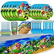 Sonic The Hedgehog Party Supplies Sonic The Hedgehog Flatware Plates Paper cups Straws Napkins Spoons Fork Tablecloth Party Decorations Kids Shower Birthday Party Favors Set