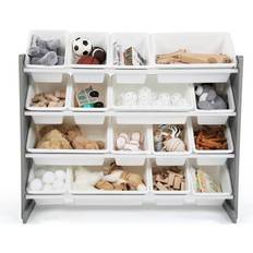 Storage Boxes Children Wood and Plastic Organizer Rack with 16 Bins, Gray and White