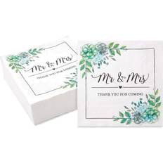 Plates, Cups & Cutlery Succulent Floral Mr. and Mrs. Paper Napkins for Wedding (6.5 In, 100 Pack)