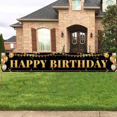 Happy birthday banner Large Happy Birthday Decoration Banner, Black and Gold Happy Birthday Banner Sign, Happy Birthday Party Decorations Supplies(9.8x1.6ft)