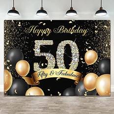 Foil Balloons Ticuenicoa 7×5ft Black 50th Birthday Photo Backdrop for Men Black Gold Balloons Happy Fifty Fabulous Birthday Party Banner Decorations Women Men 50th Diamonds Birthday Photography Background