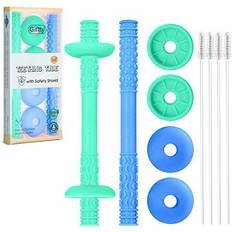 Green Teething Toys Teething Tube with Safety Shield Baby Hollow Teether Sensory Toys Gum Massager, Food-Grade Silicone for Infant 3-12 Months Boys Girls, 1 Pair with 4 Cleaning Brush Included (Emerald Blue)